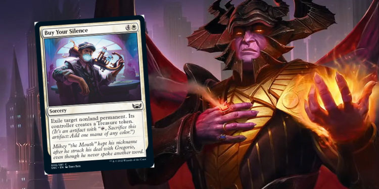 Penampakan lebih dekat dari kartu Buy Your Silence dari expansion Streets of New Capenna yang akan segera hadir di Magic the Gathering
