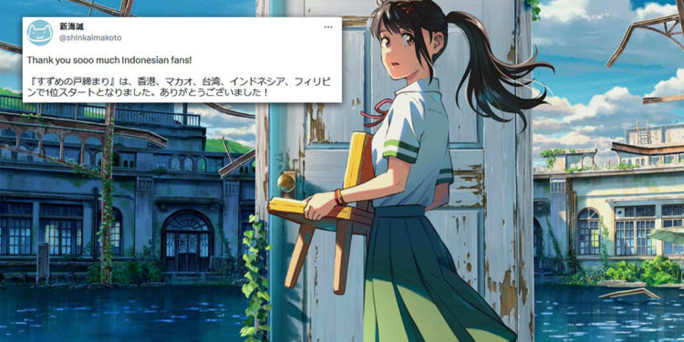 Makoto Shinkai mengucapkan terimakasih untuk para fans di Indonesia yang telah mendukung Suzume tersebut hingga bisa menjadi laris manis.