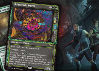 Preview untuk kartu Balustrade Wurm yang lumayan menarik dari set Magic: The Gathering - Duskmourn: House of Horror