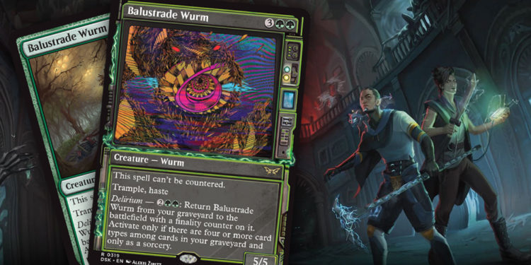 Preview untuk kartu Balustrade Wurm yang lumayan menarik dari set Magic: The Gathering - Duskmourn: House of Horror