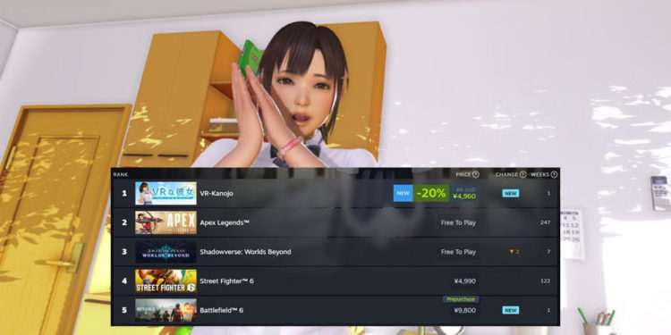 VR-Kanojo, langsung meroket ke posisi pertama dalam daftar Top Seller, mengalahkan nama besar seperti Battlefield 6.
