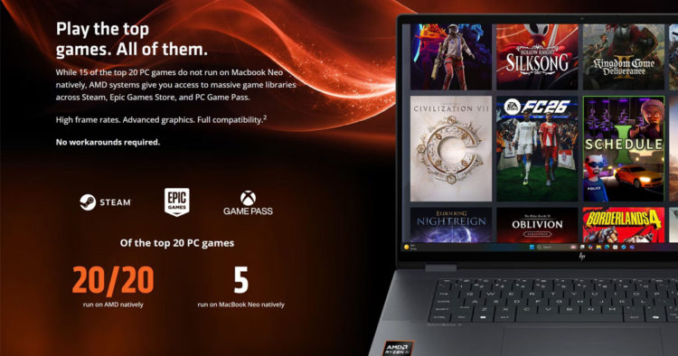 AMD yang ikut memanaskan suasana lewat materi pemasaran terbarunya yang secara terang-terangan membandingkan dengan MacBook Neo milik Apple.